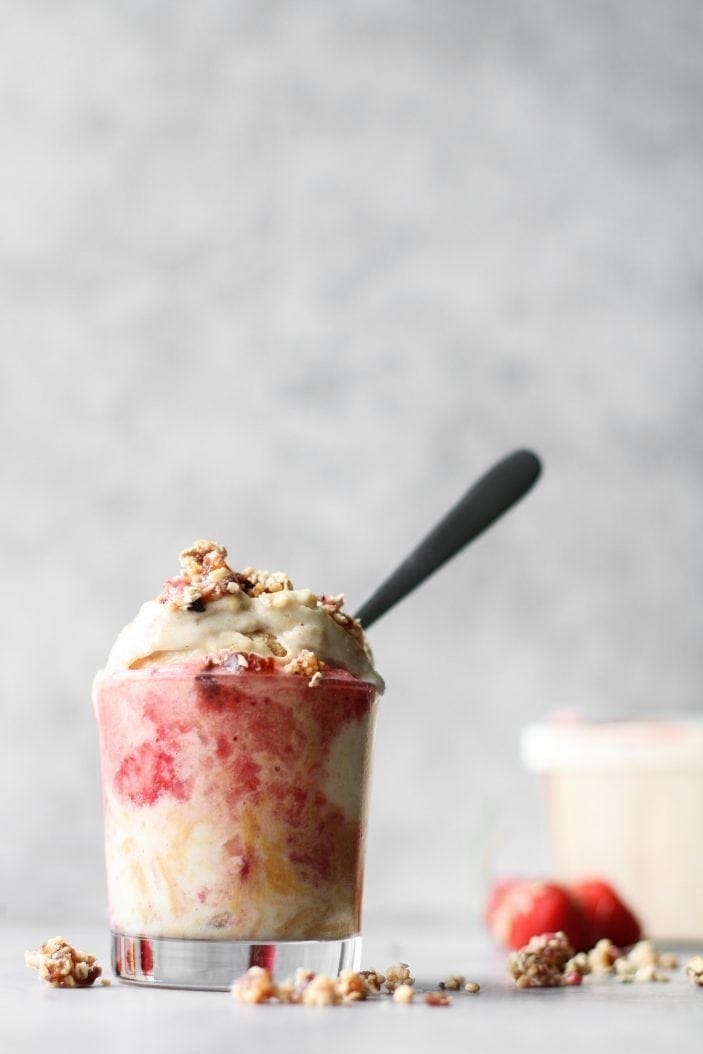 Peanut Butter Strawberry Swirl Nice Cream with Cookie Dough Crumble