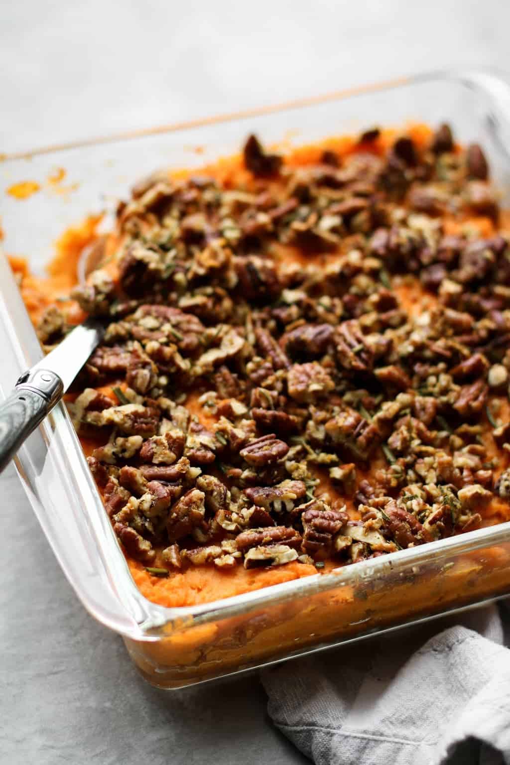 Savory Sweet Potato Casserole with Rosemary Pecan Parmesan | Unsweetened Caroline
