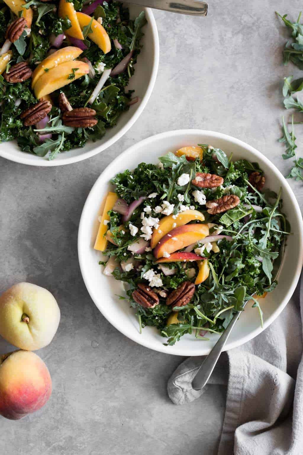 Sweet Peach Kale Salad with Feta & Toasted Pecans