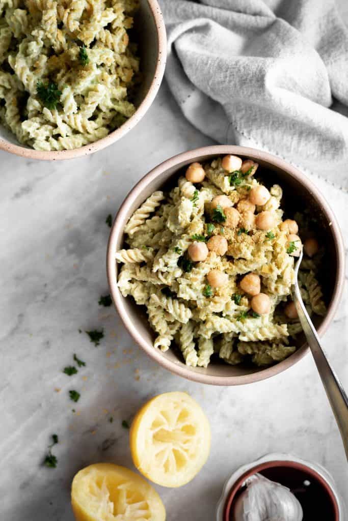 Avocado Tofu Pasta in a bowl - quick vegan meals