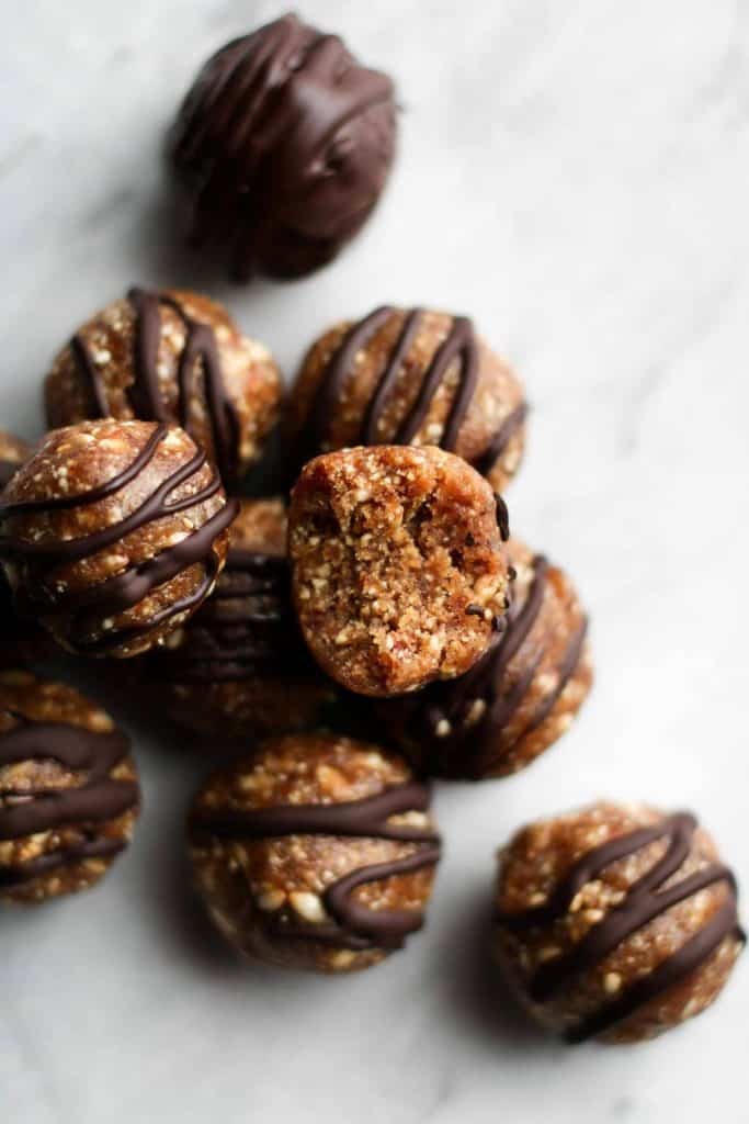 peanut butter crunch balls with bite taken