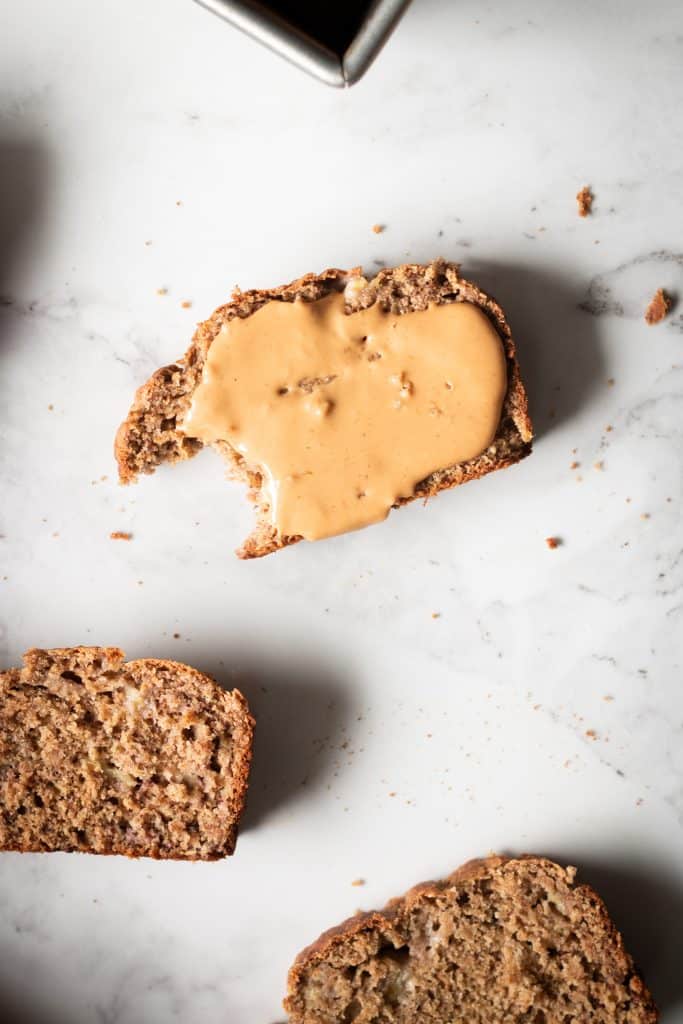 banana bread slices with peanut butter
