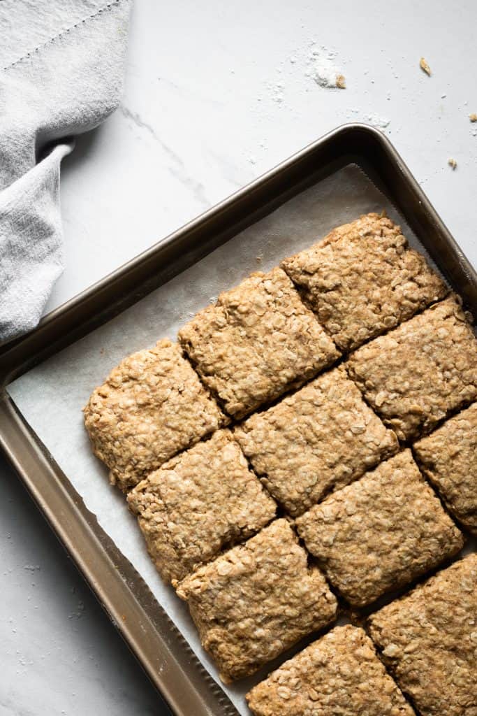 baked oatcake on baking sheet