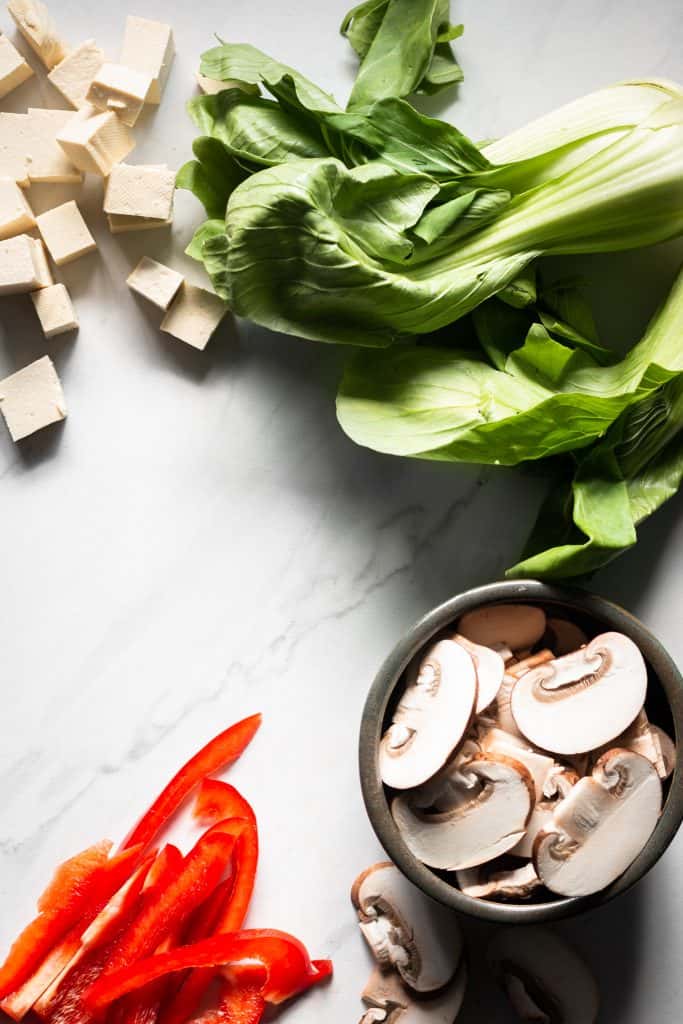 mushrooms, bok choy, peppers and tofu