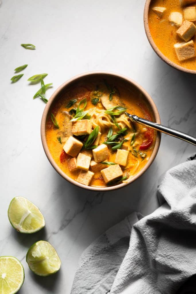 curry ramen in a bowl from the top