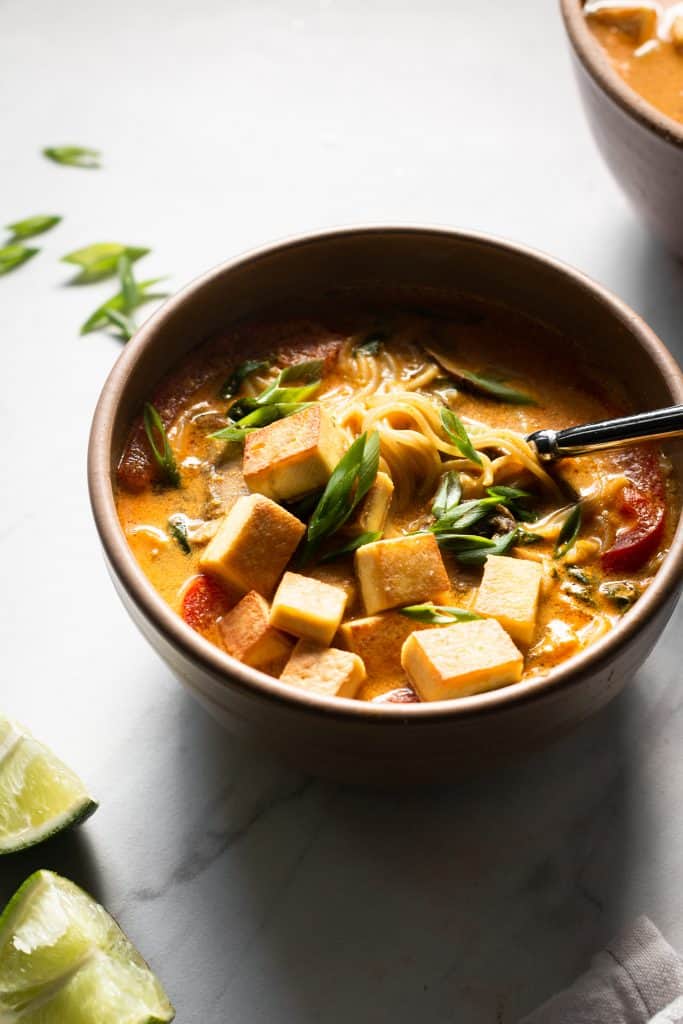 curry ramen in a bowl from the side