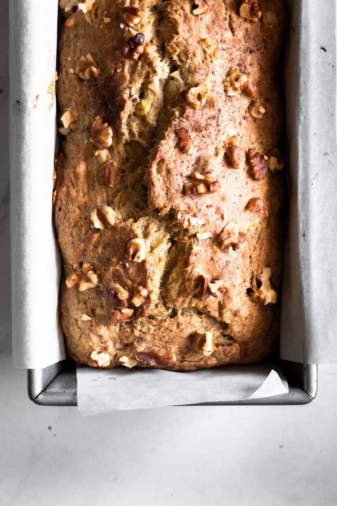 baked banana bread in loaf pan