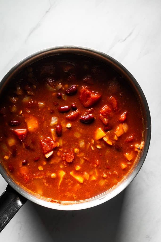 chili ingredients in a saucepan
