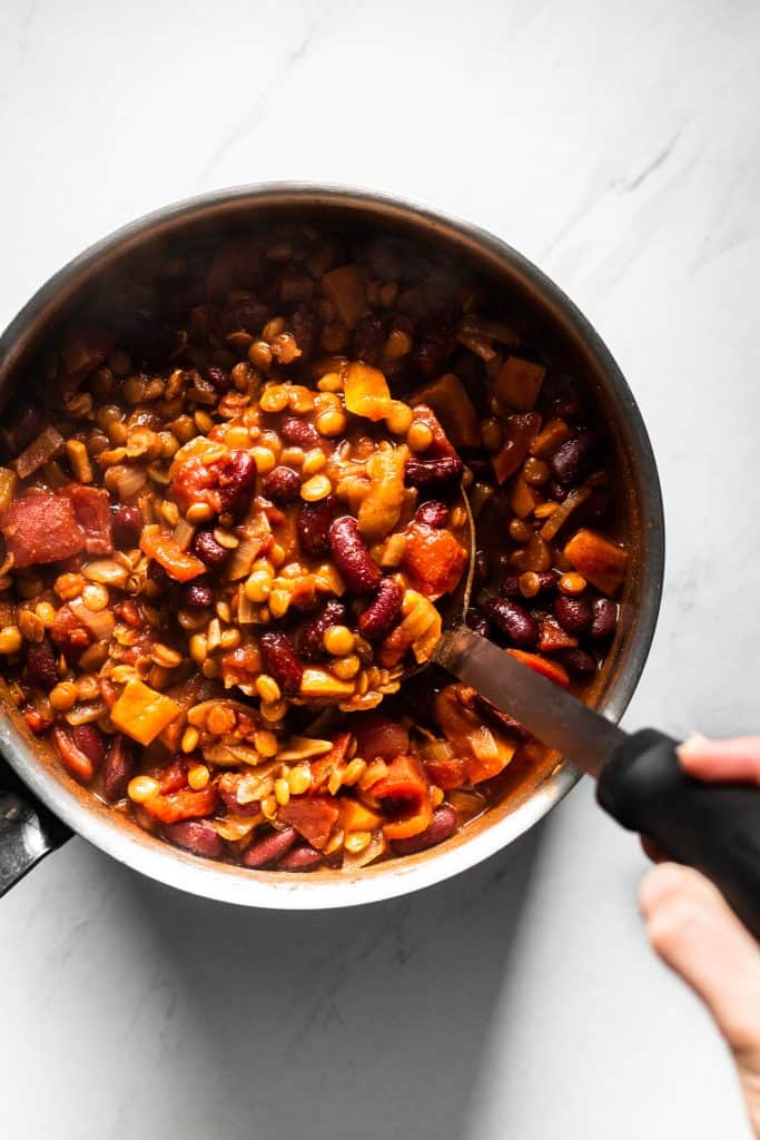 cooked pantry vegetarian chili in a saucepan