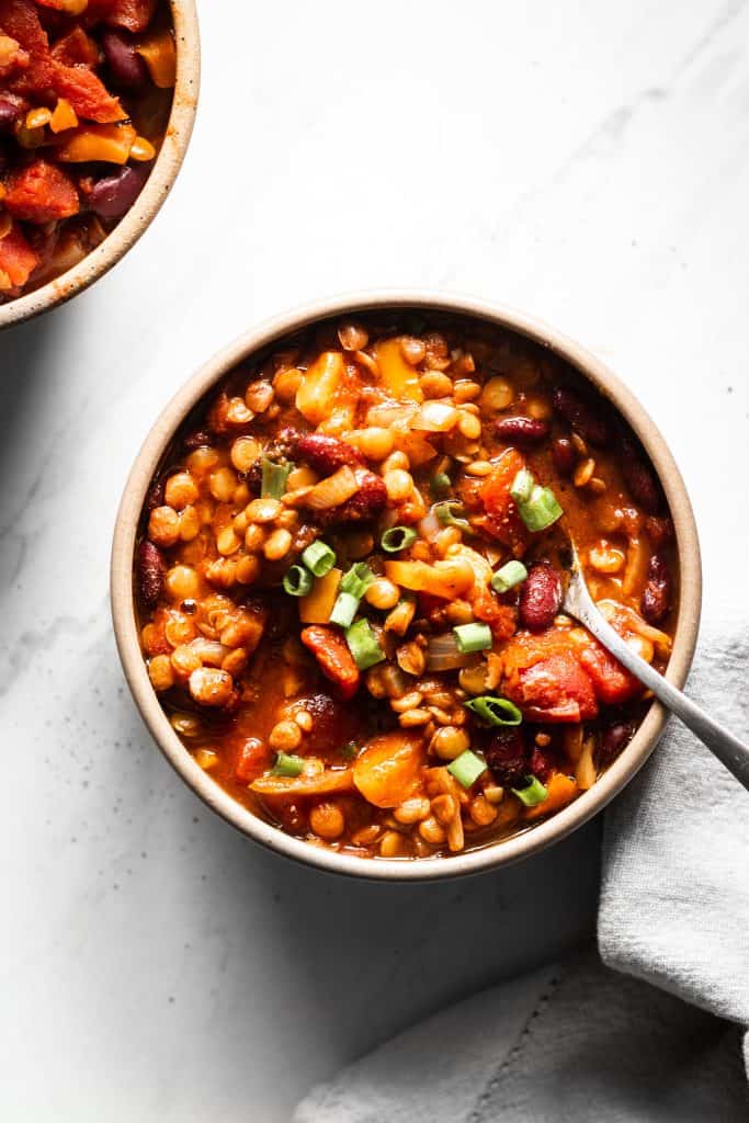 pantry vegetarian chili in a bowl from the top