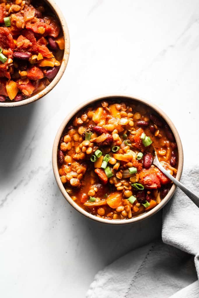 pantry vegetarian chili in a bowl from the top