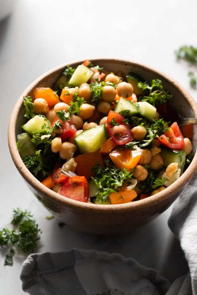 chickpea salad in a bowl from the side