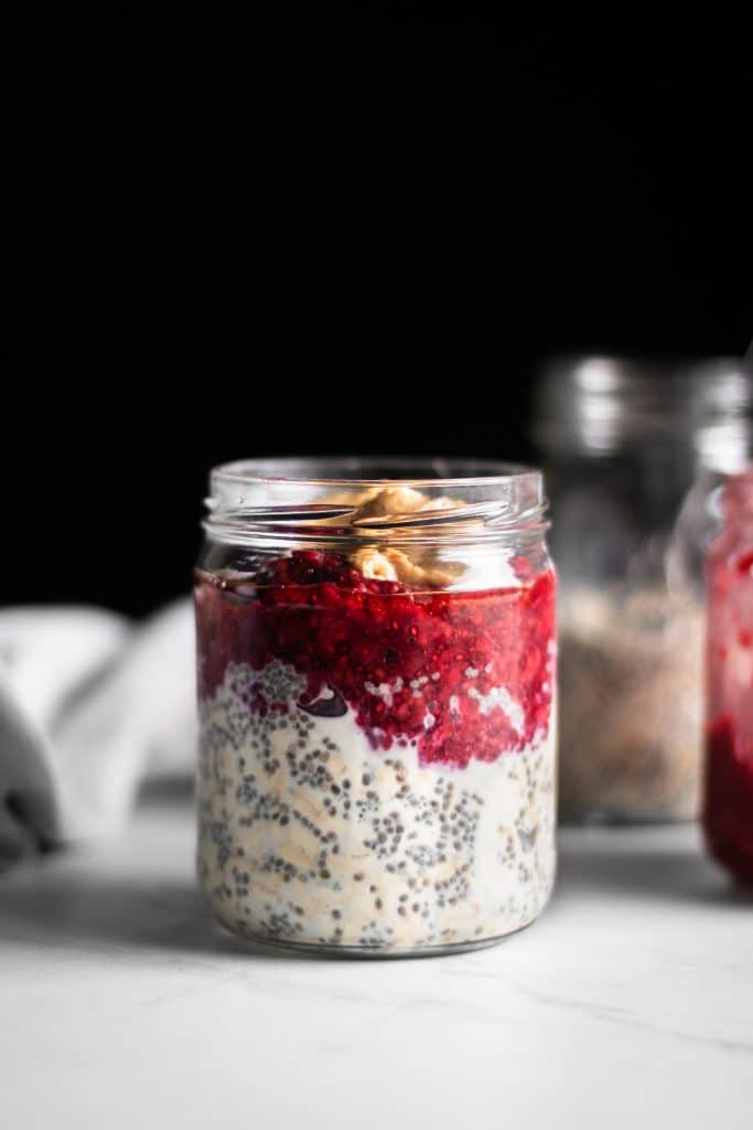 peanut butter & jelly overnight oats in a jar