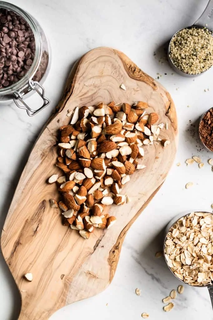 chopped almonds on a cutting board
