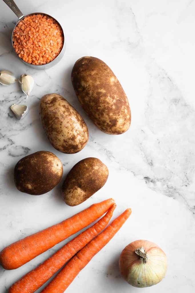carrots, potatoes, onion and lentils