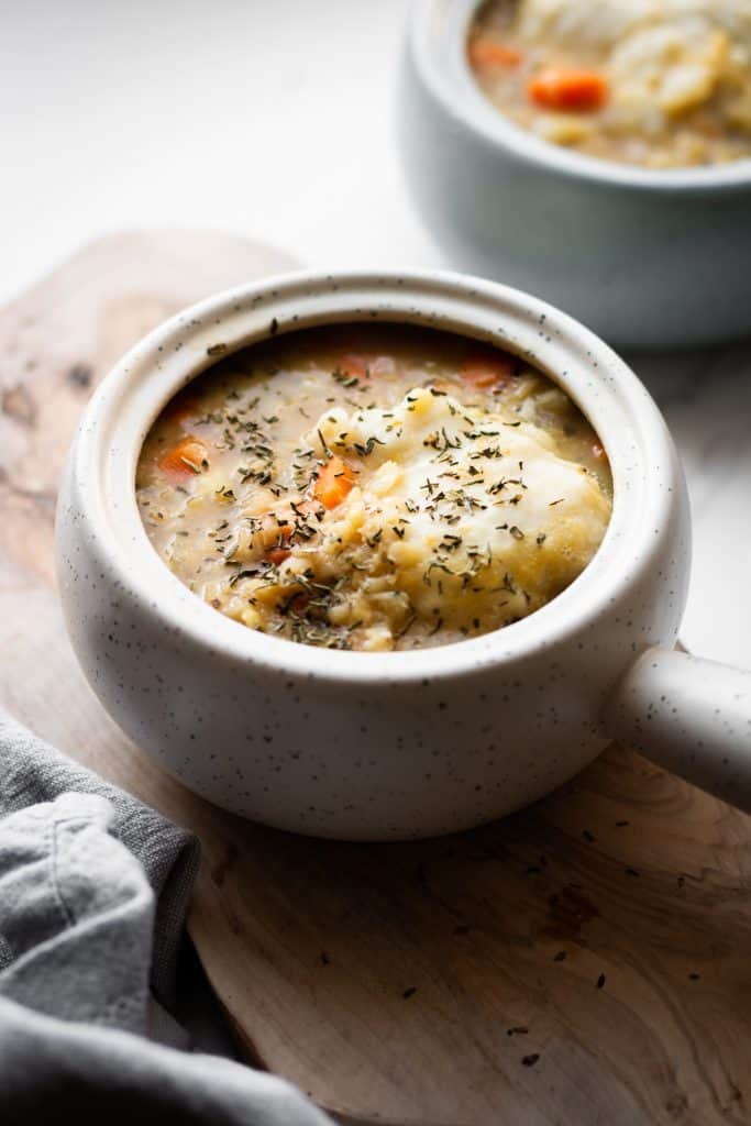 fricot soup in a bowl from the side