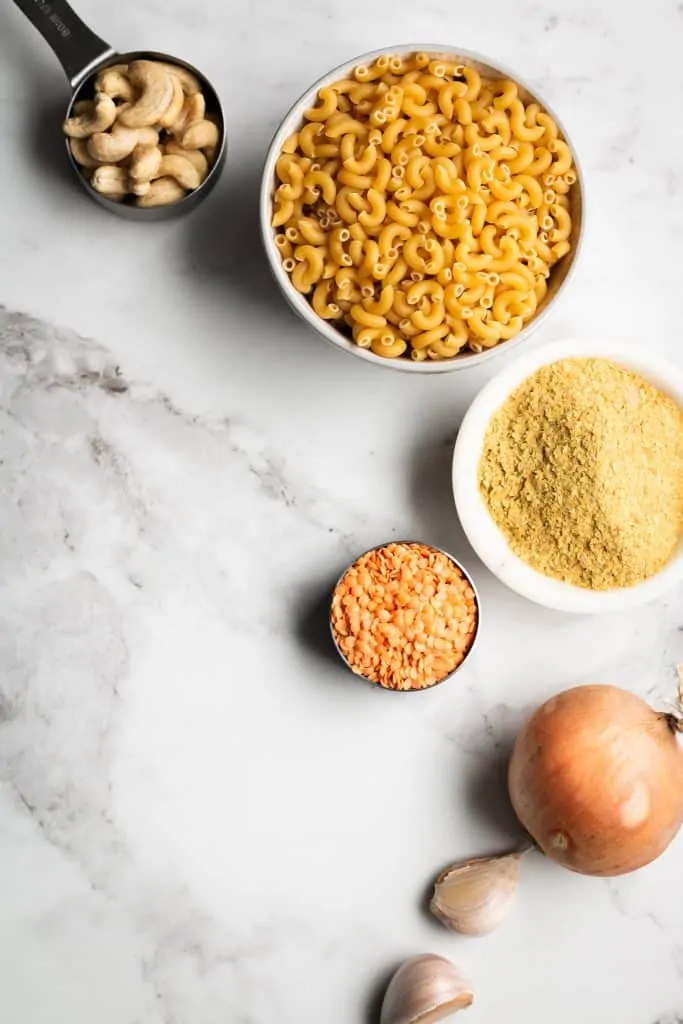 pasta, lentils, cashews, nutritional yeast, onion and garlic from the top