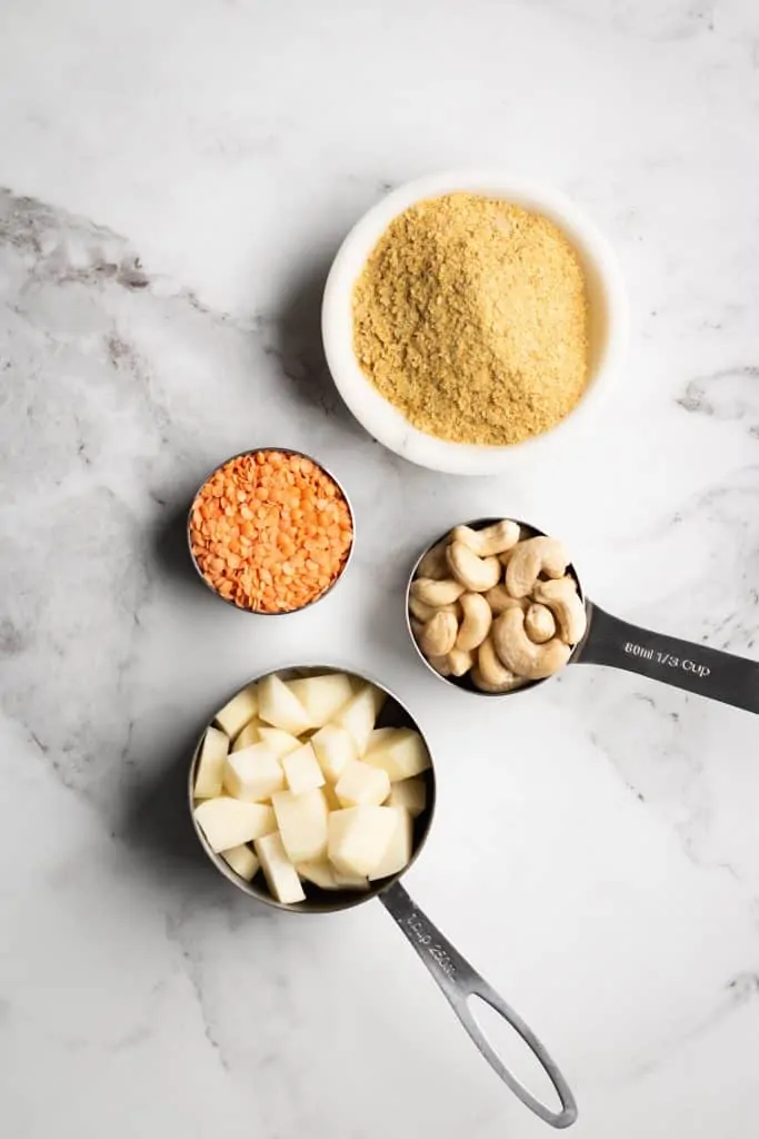 diced potatoes, lentils, cashews, nutritional yeast from the top