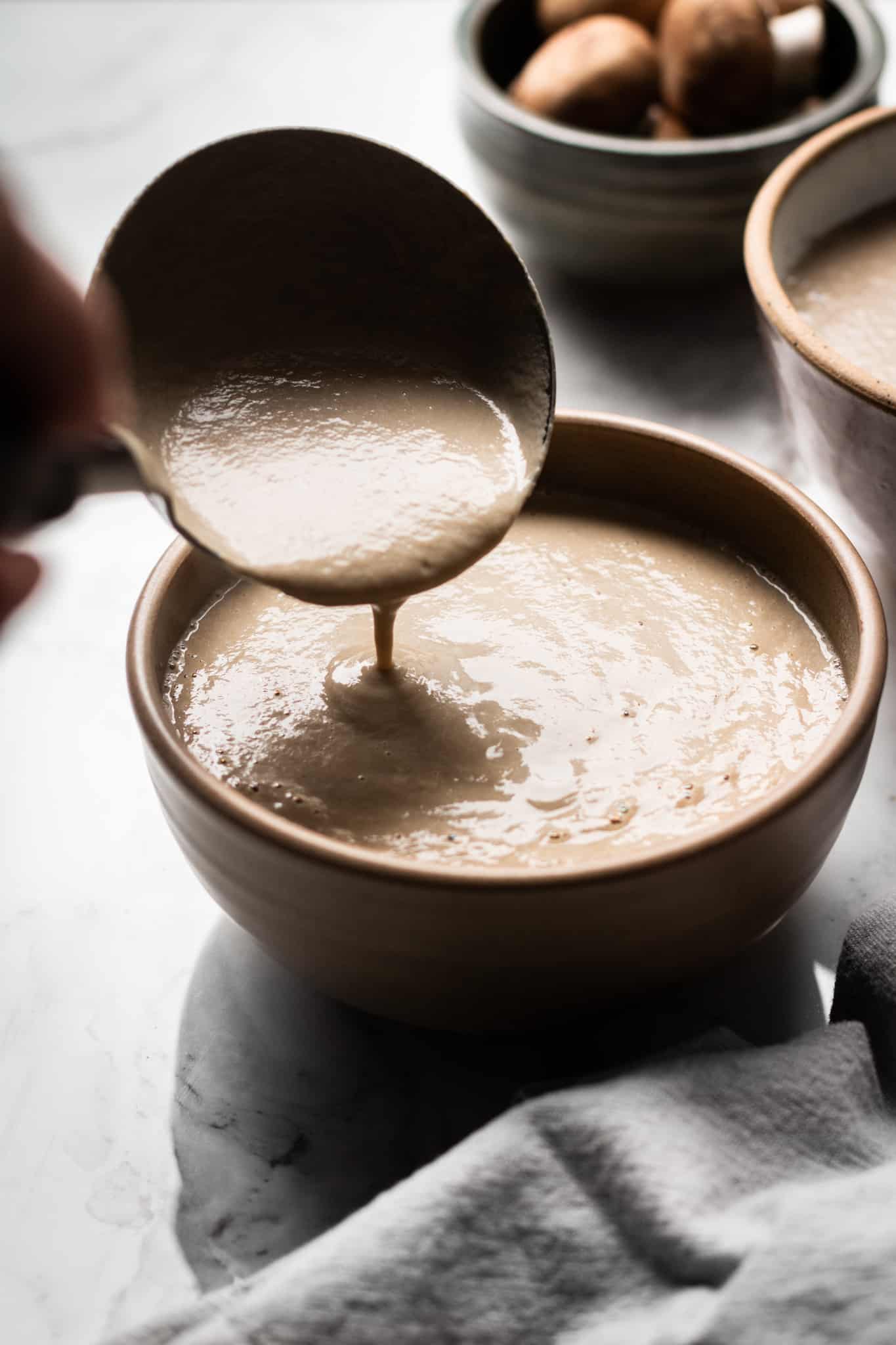 cream of mushroom soup ladled into bowl