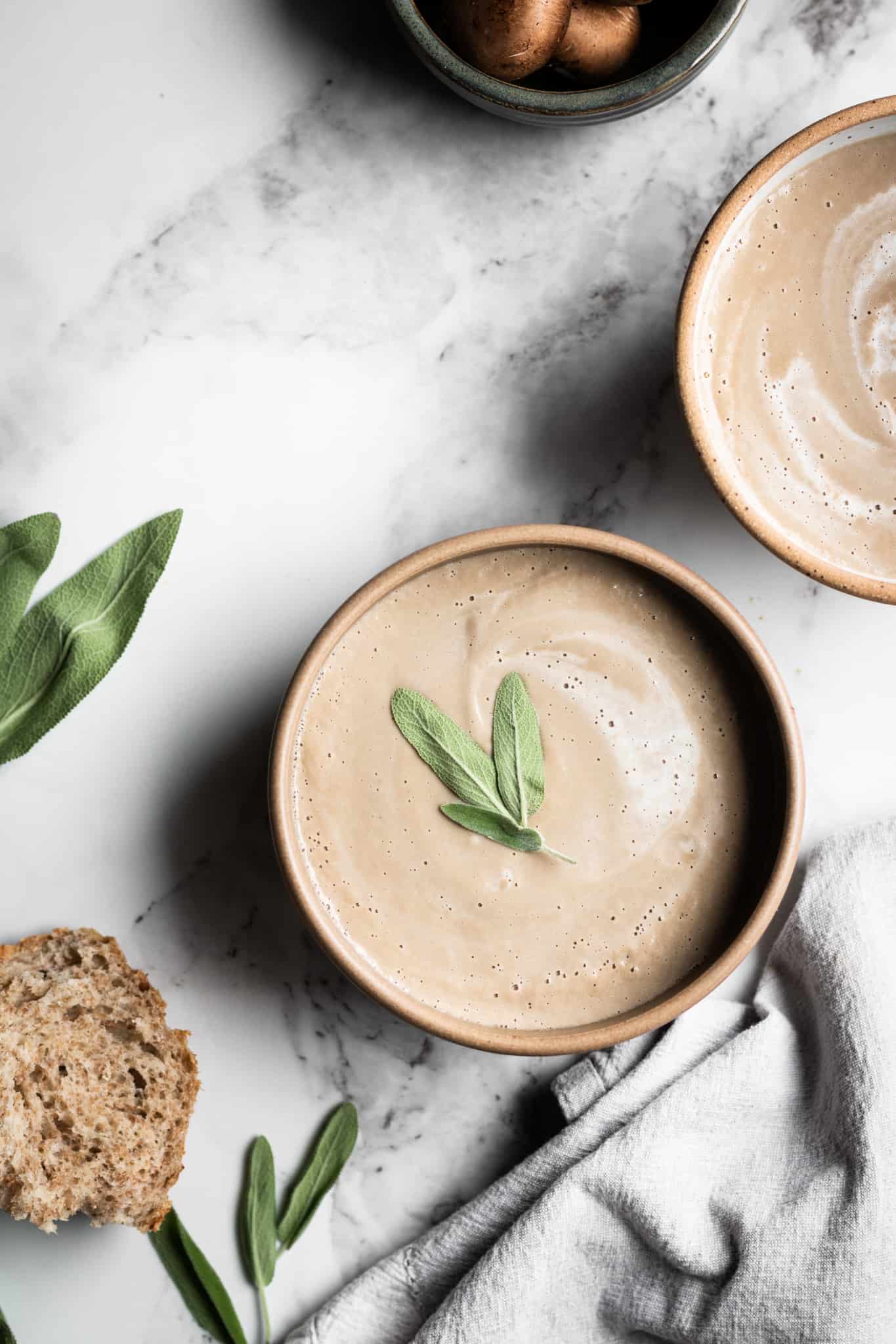 cream of mushroom soup in bowls from the top
