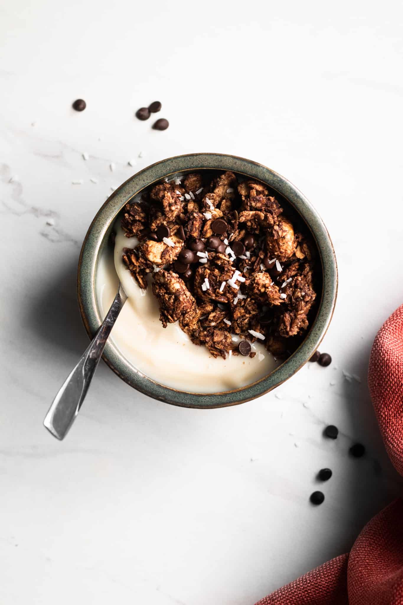 chocolate coconut granola in a bowl from the top