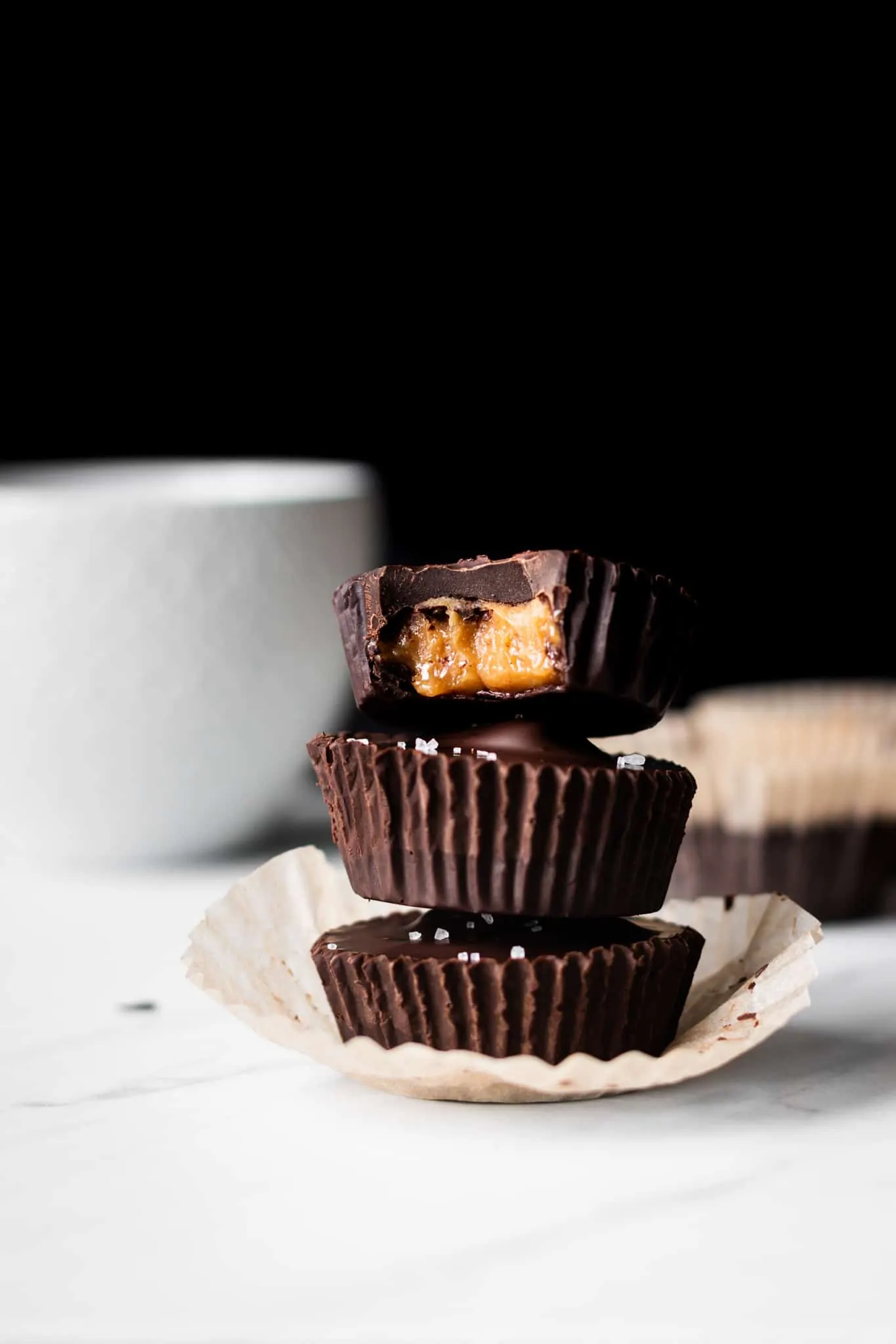 chocolate caramel peanut butter cups stacked