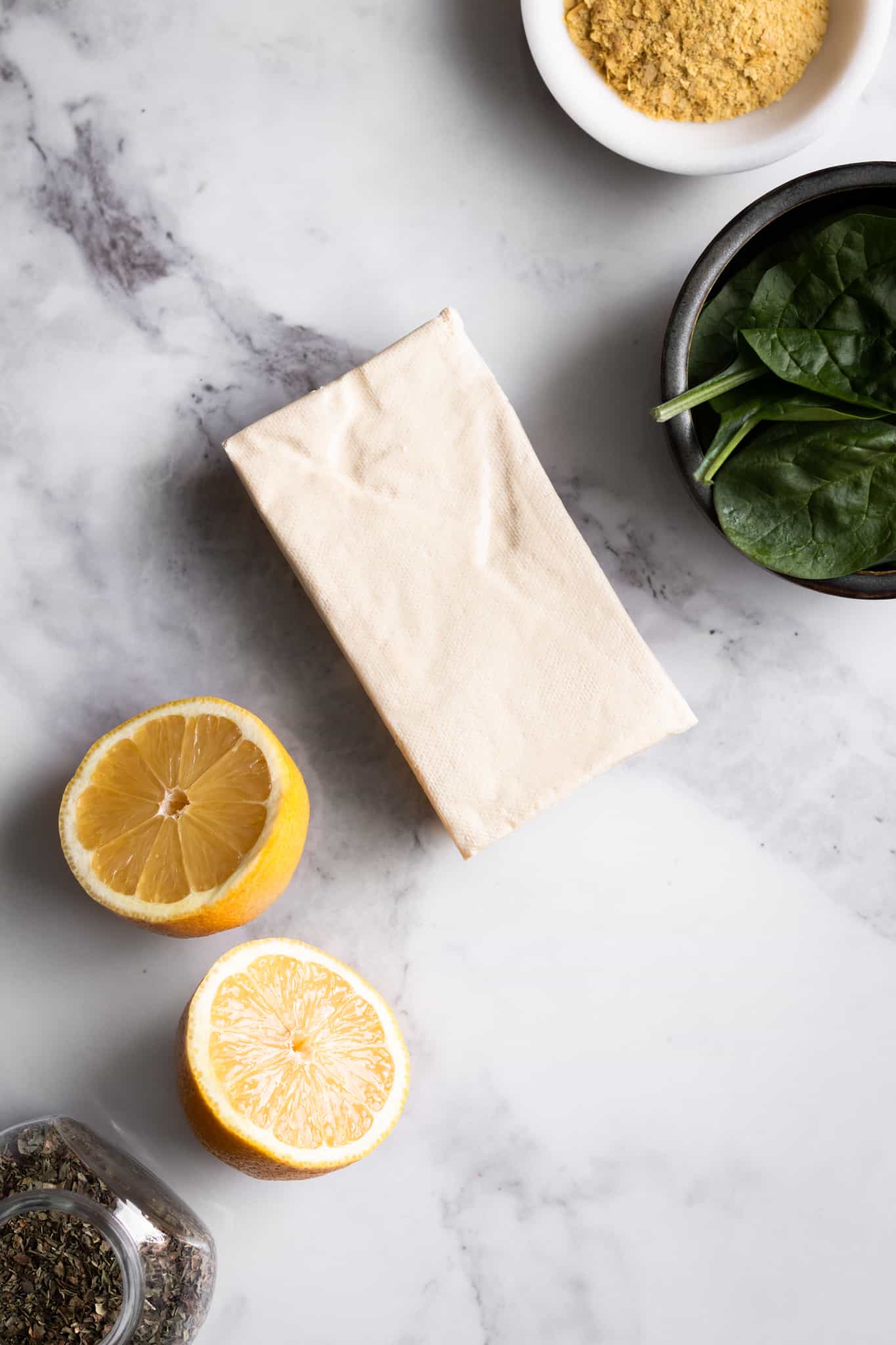 tofu, lemon, herbs, nutritional yeast and spinach