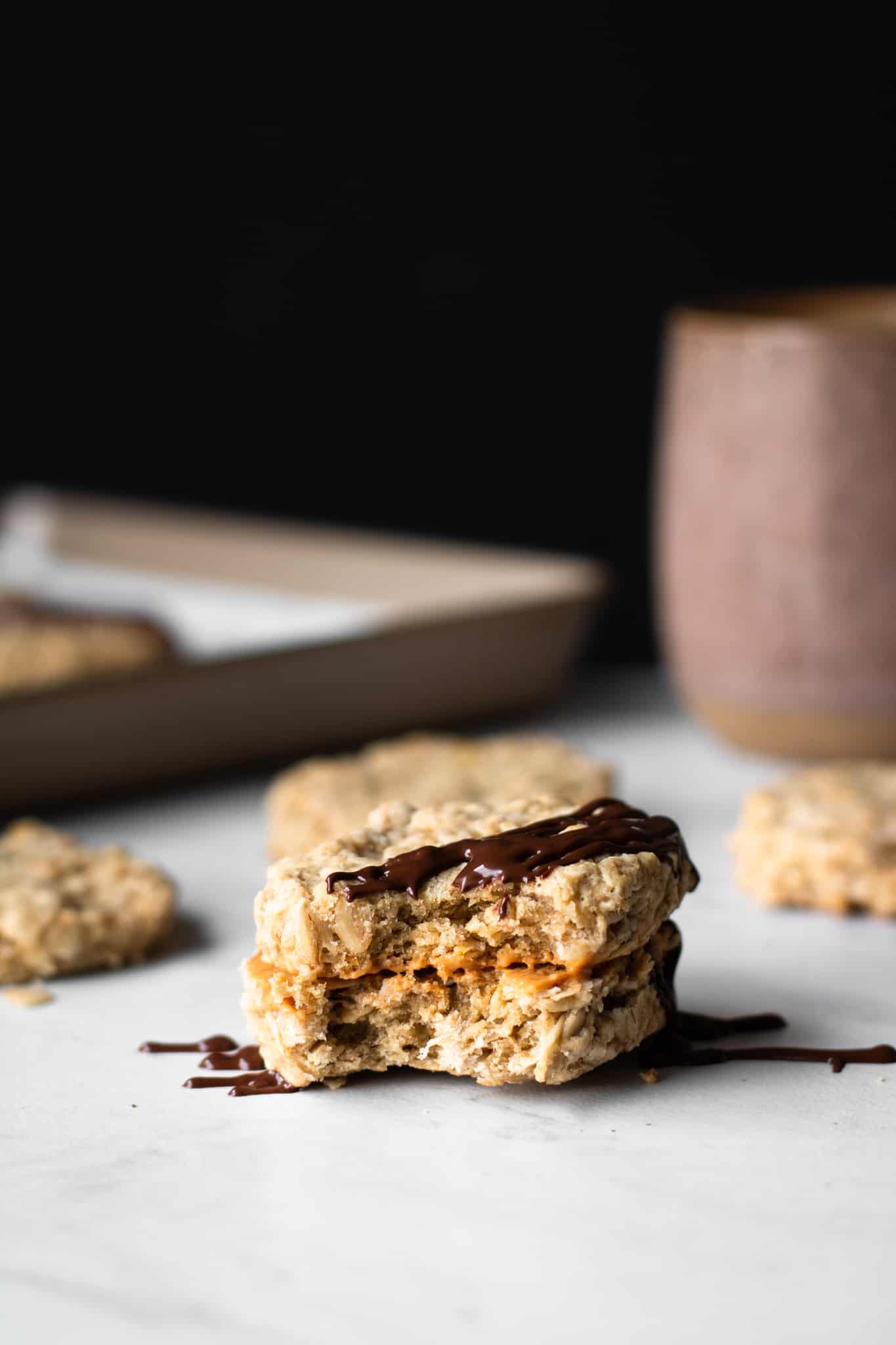 Chocolate Peanut Butter Oatcakes with bite taken